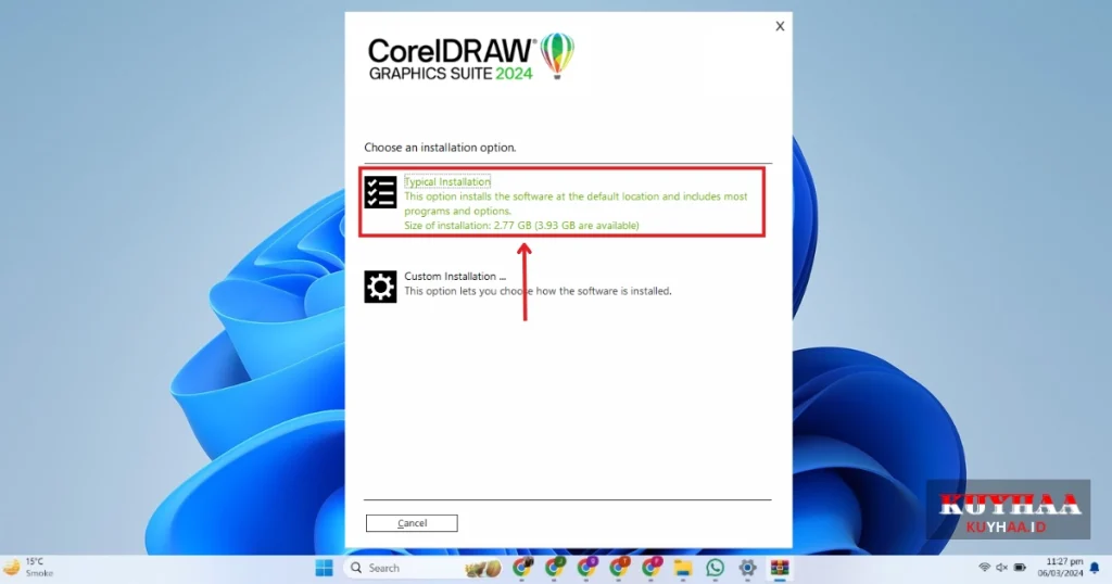 This picture shows to select typical installation of CorelDRAW Graphics Suite 2024 