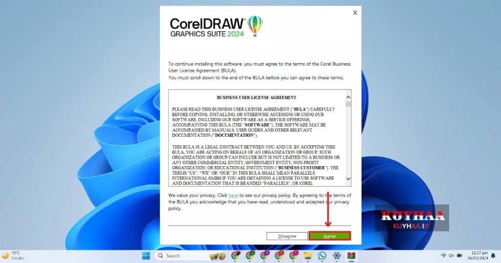 This picture shows to accept the agreement of CorelDRAW Graphics Suite 2024 