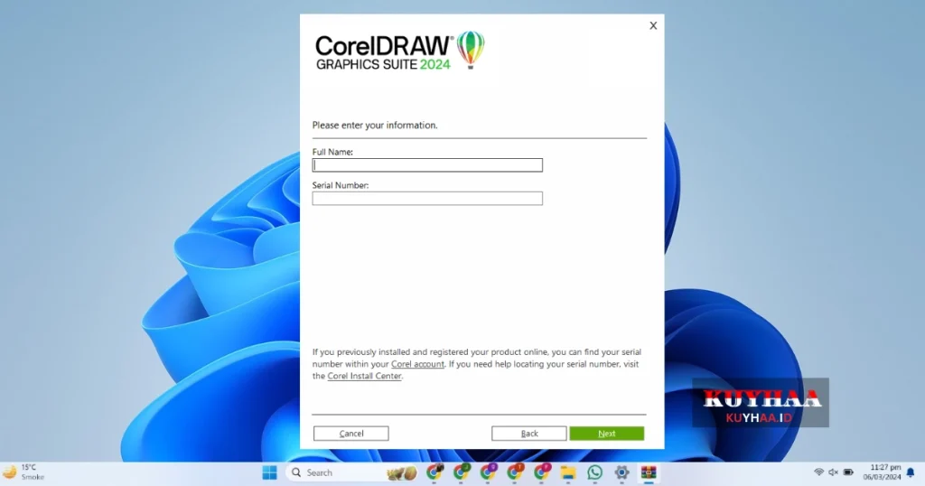 This picture shows to enter the username and serial number of CorelDRAW Graphics Suite 2024 