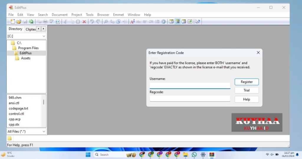 This picture shows the username and reg no of ES-Computing EditPlus