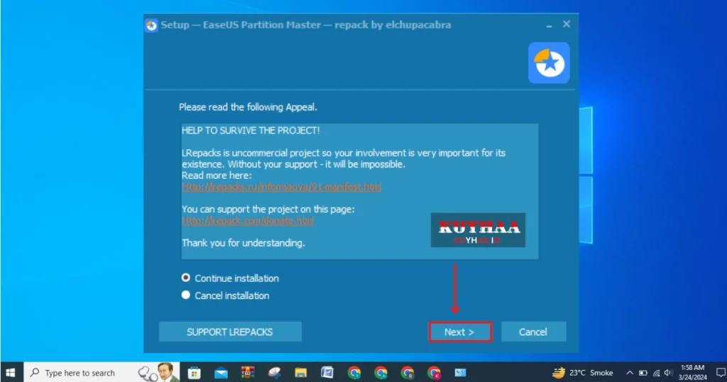 This picture shows the installation wizard of EaseUS Partition Master