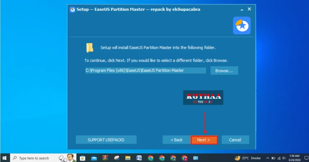 This picture shows to specify the folder for installation