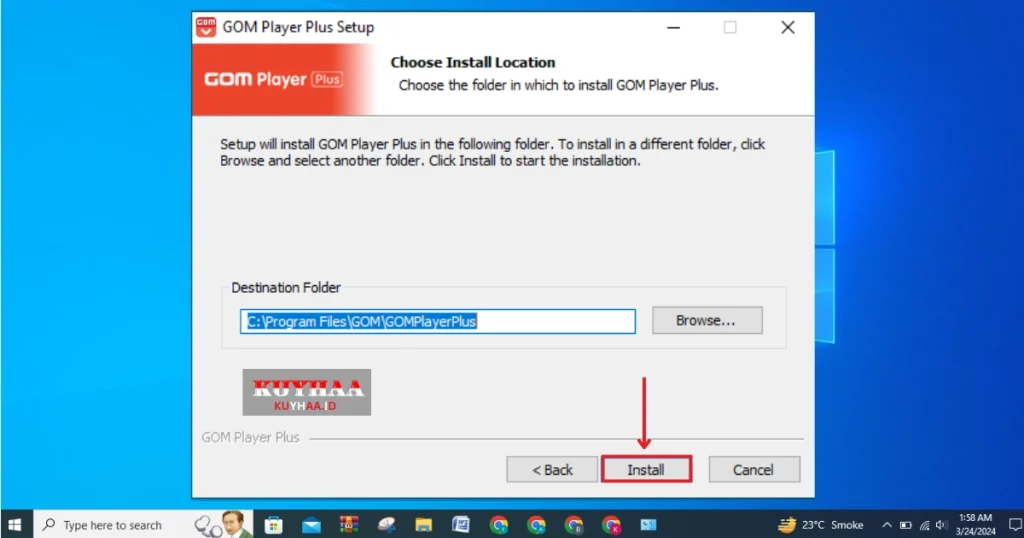 This picture shows to specify the folder for installation of Gom Player Plus