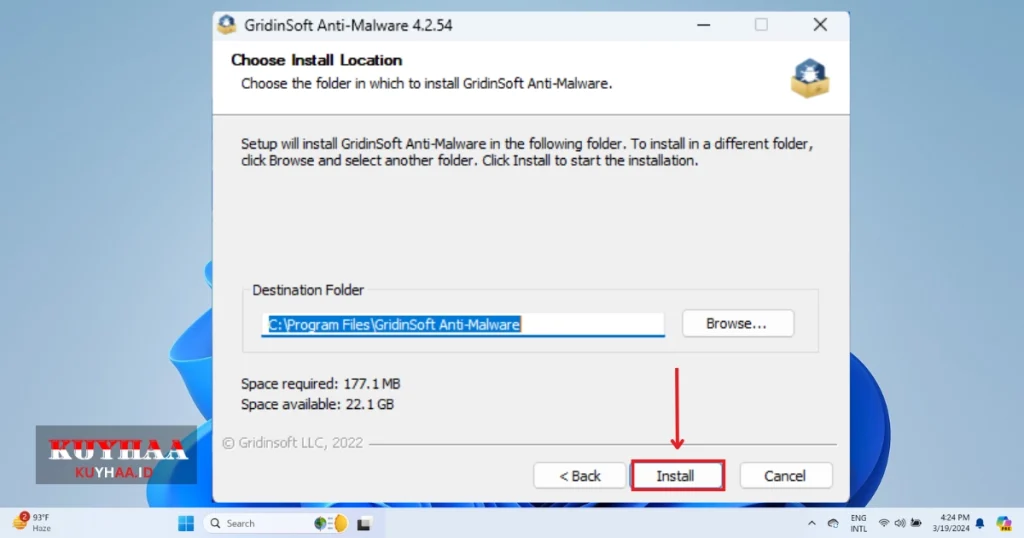 This picture shows to specify the folder for installation of GridinSoft Anti-Malware