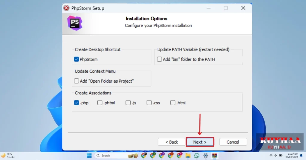 This picture shows t select additional installation tasks of JetBrains PhpStorm