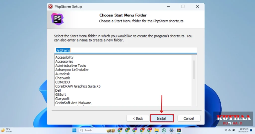 This picture shows to select start menu folder