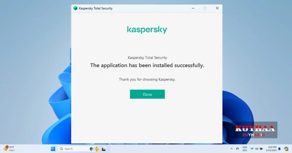 This picture shows the installation of Kaspersky Total Security is completed