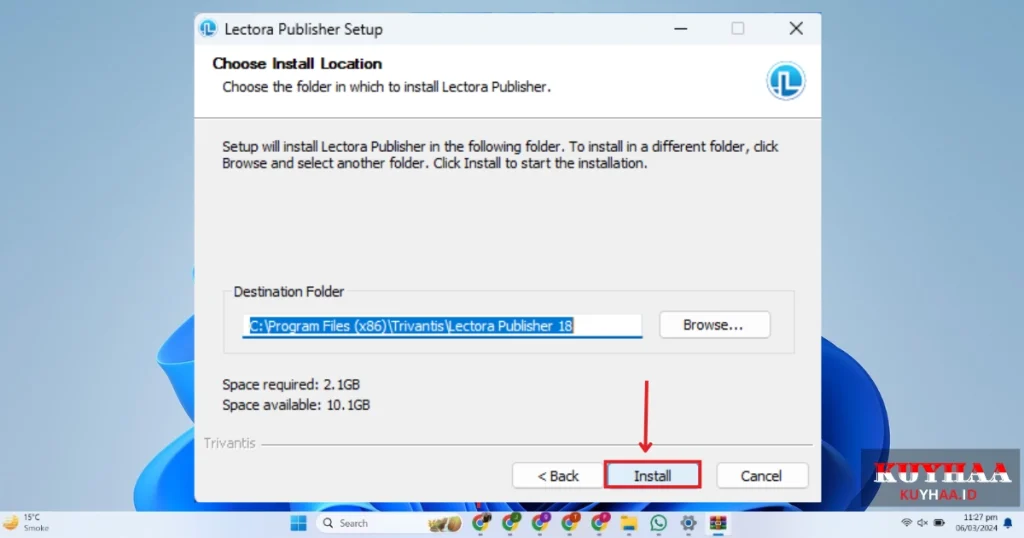 This picture shows to click Install of Lectora Publisher