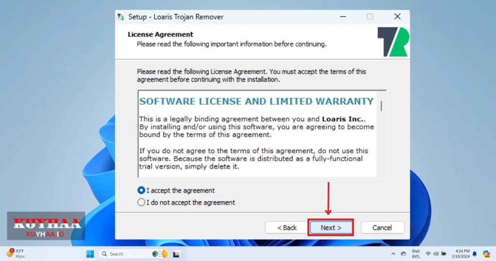 This picture shows to accept the agreement of Loaris Trojan Remover