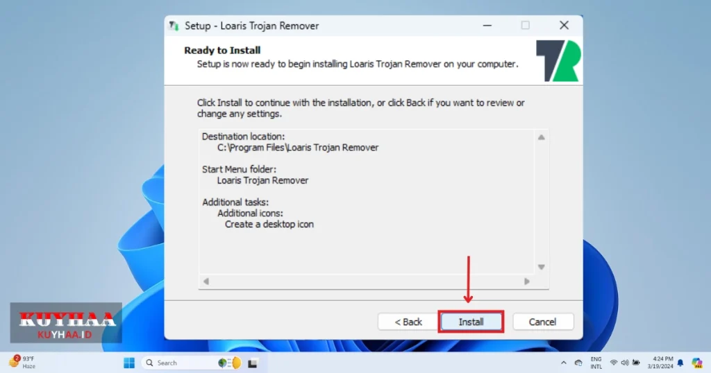 This picture shows that Loaris Trojan Remover is ready to install