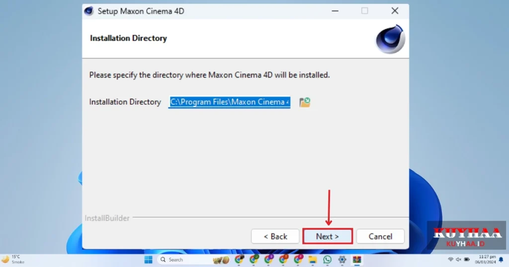 This picture shows to specify the folder for installation of Maxon Cinema 4D Studio