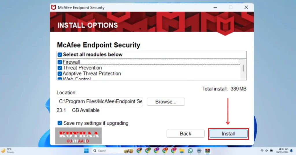 This picture shows to click Install McAfee Endpoint Security