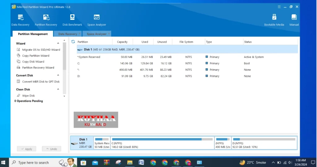 This images shows the interface of MiniTool Partition Wizard that is activated