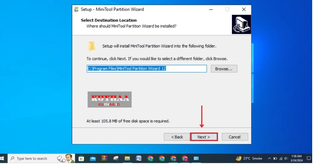 This images shows to specify the folder for the installation of MiniTool Partition Wizard