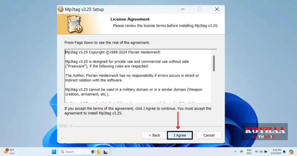 This picture shows to accept the agreement of Mp3tag 