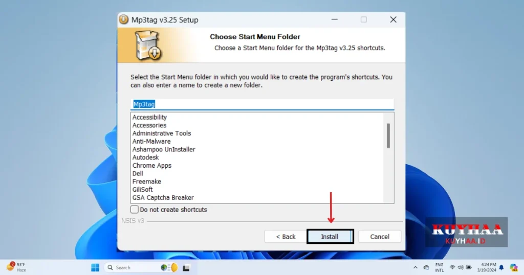 This picture shows to select the start menu folder