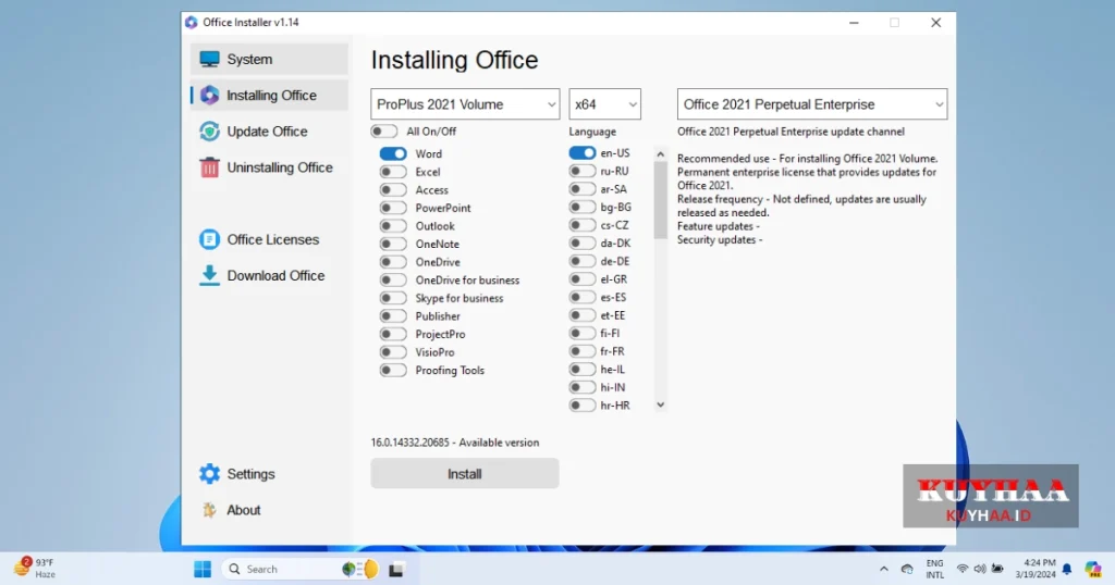 This picture shows the interface of Microsoft Office Installer