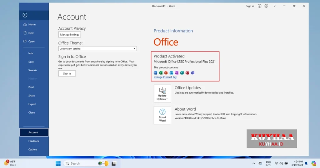 This picture shows activation status of MS Word which is installed by Microsoft Office Installer