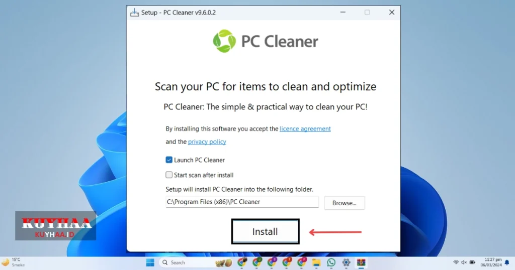 This picture shows to click Install in PC Cleaner Pro setup