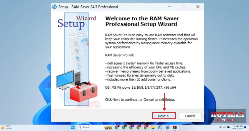 This picture shows the installation wizard of RAM Saver Professional