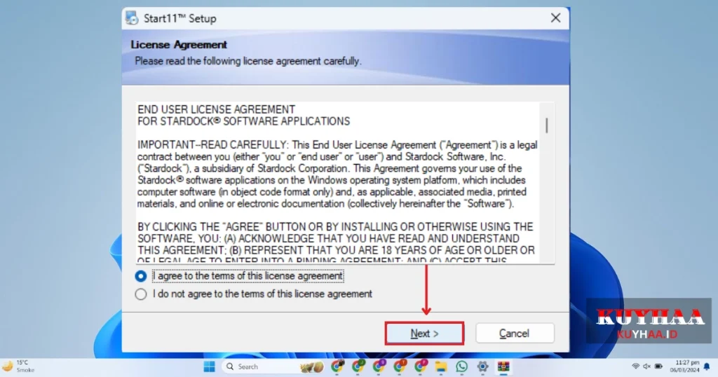 This picture shows to accept the agreement of Stardock Start11