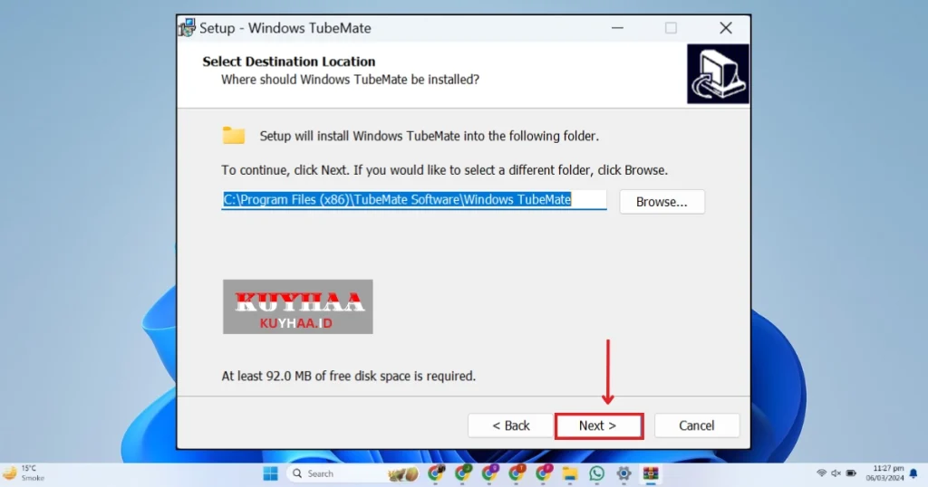 This picture shows to sepcify the folder for installation of TubeMate Downloader