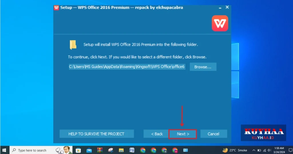 This picture shows to specify the folder for installation