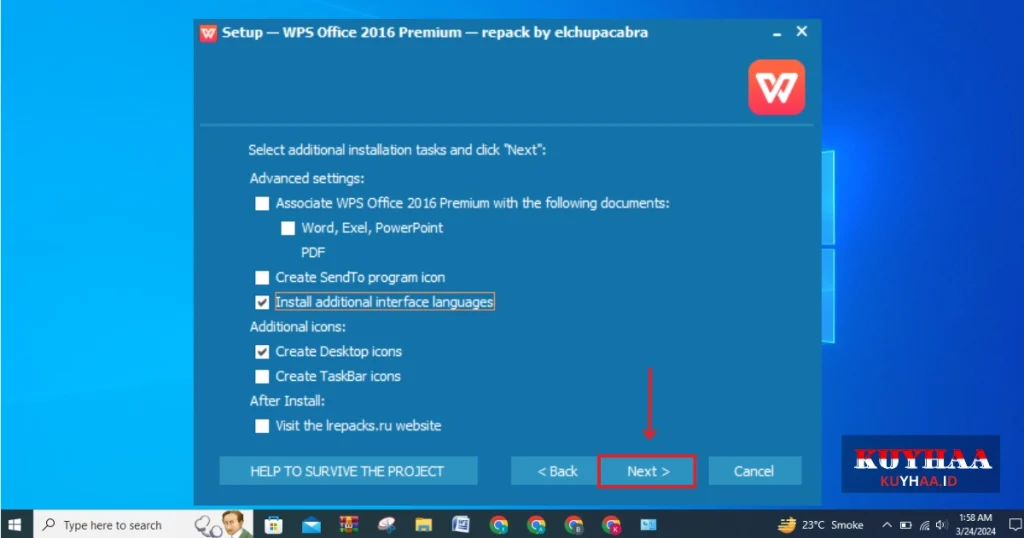 This picture shows to select additional settings of WPS Office 2016