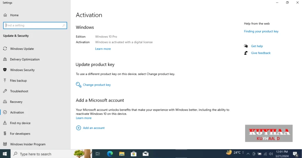 This picture shows the activation status of Windows 10