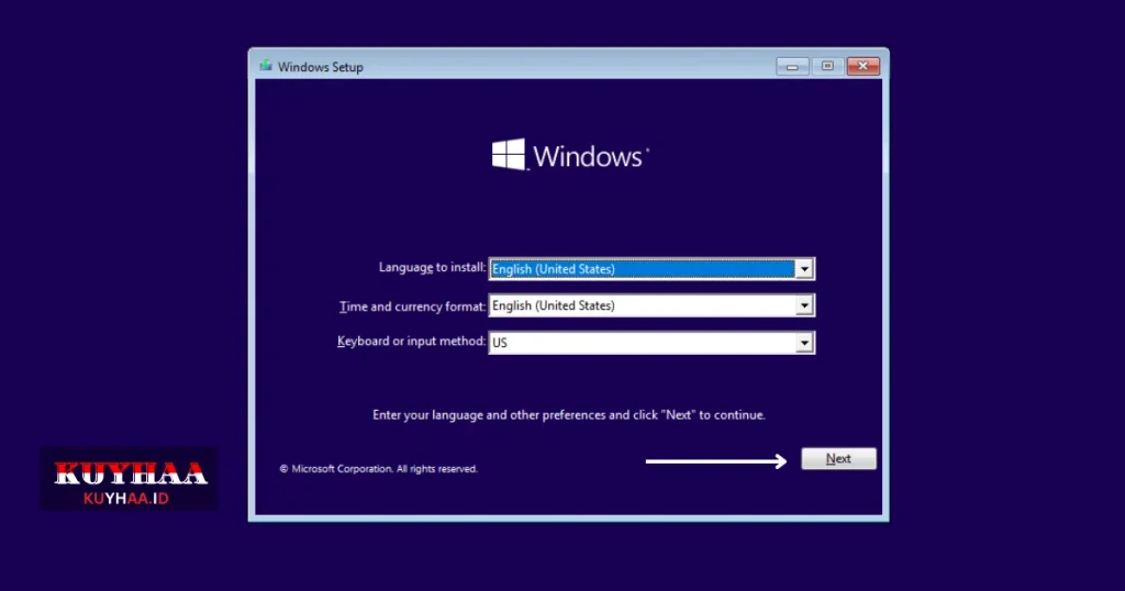 This picture shows the setup of Windows 10