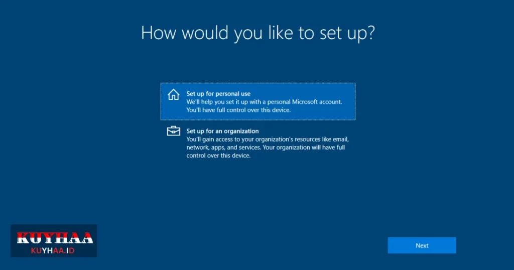 This picture shows to click set up for personal use of Windows 10