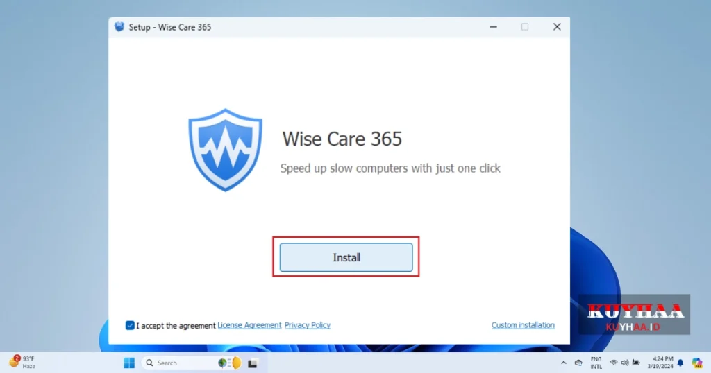 This picture shows to click Install of Wise Care 365 Pro