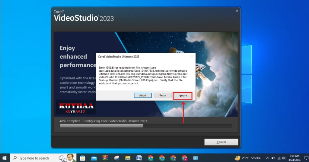 This picture shows to click ignore in Corel Video Studio