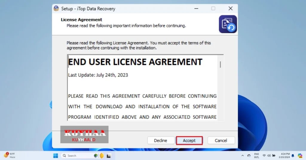 This picture shows to accept the agreement of iTop Data Recovery Pro