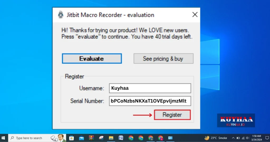 This picture shows the username and Serial Number of Jitbit Macro Recorder