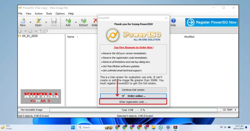 This picture shows to enter registration code of PowerISO 