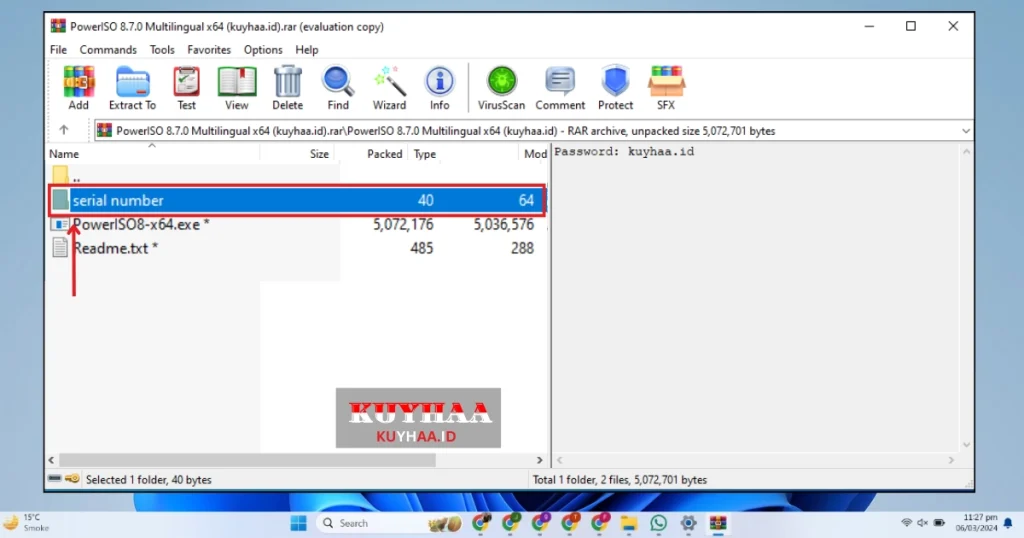 This picture shows to open serial number file of PowerISO 