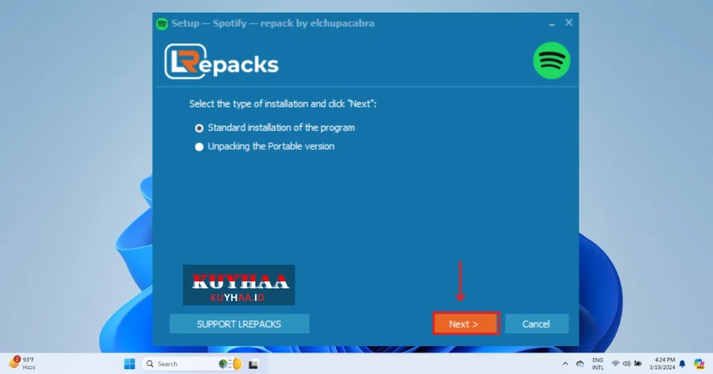 This picture shows to select type of installation of Spotify