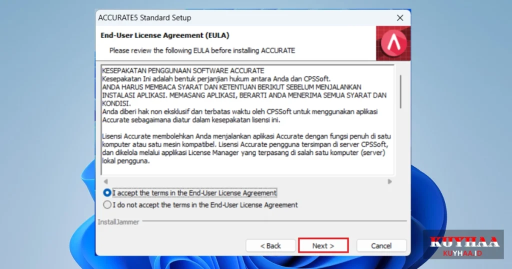 Accept the License Agreement ( EULA) of Accurate 5