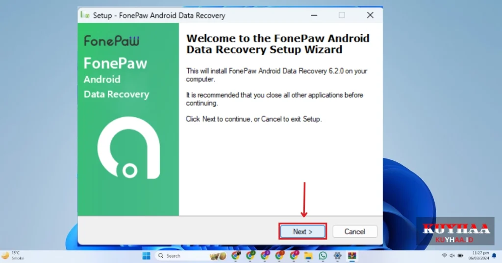 welcome the to the fonepaw android data recovrery setup wizard