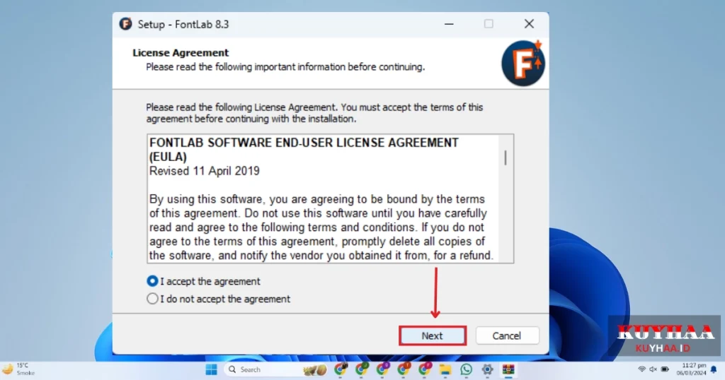 This picture shows to accept the agreement of FontLab