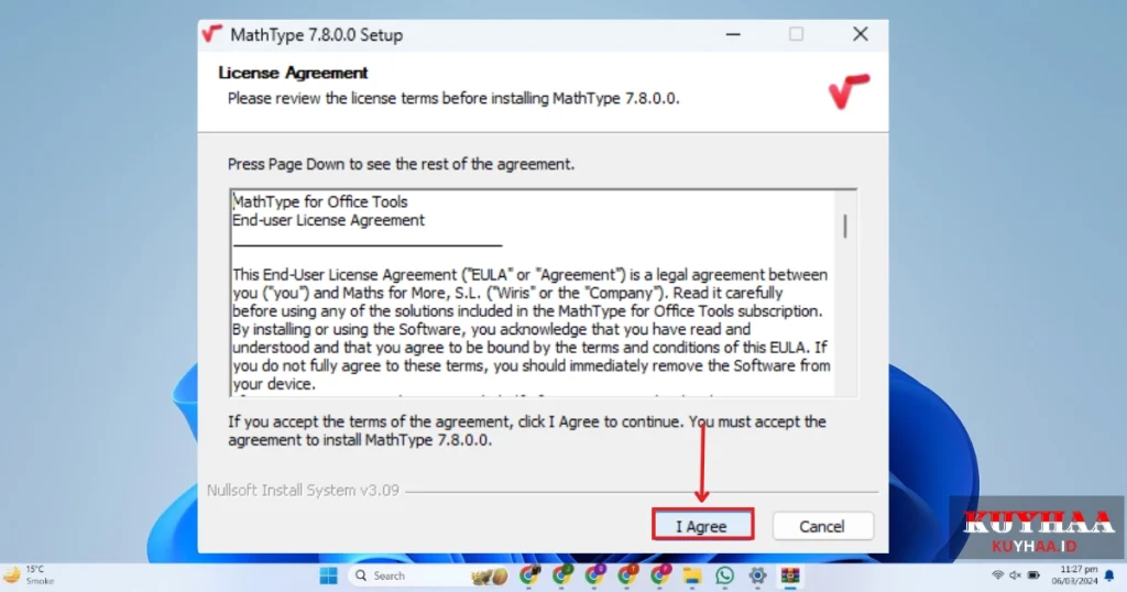 This picture shows to accept the agreement of Design Science MathType