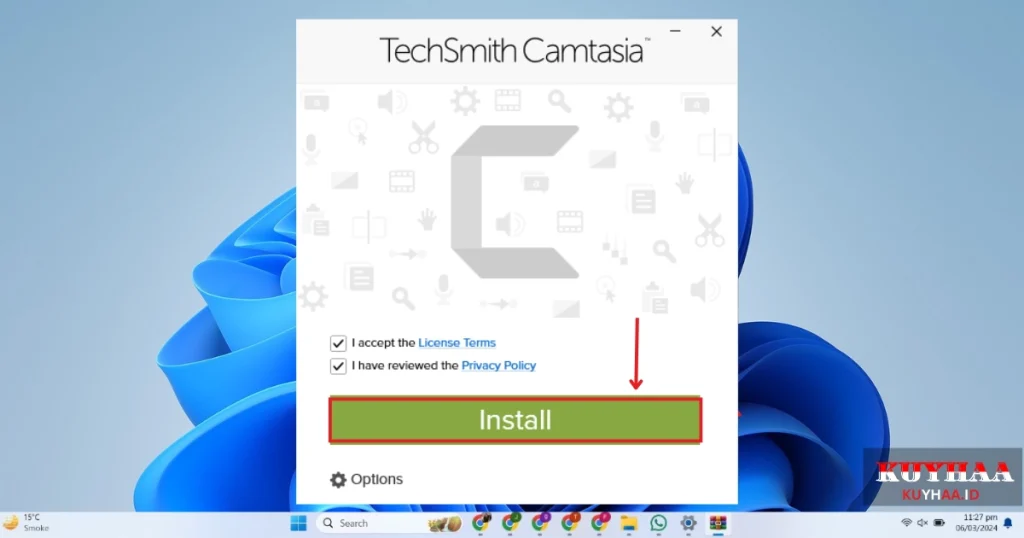 This picture shows to click Install of TechSmith Camtasia