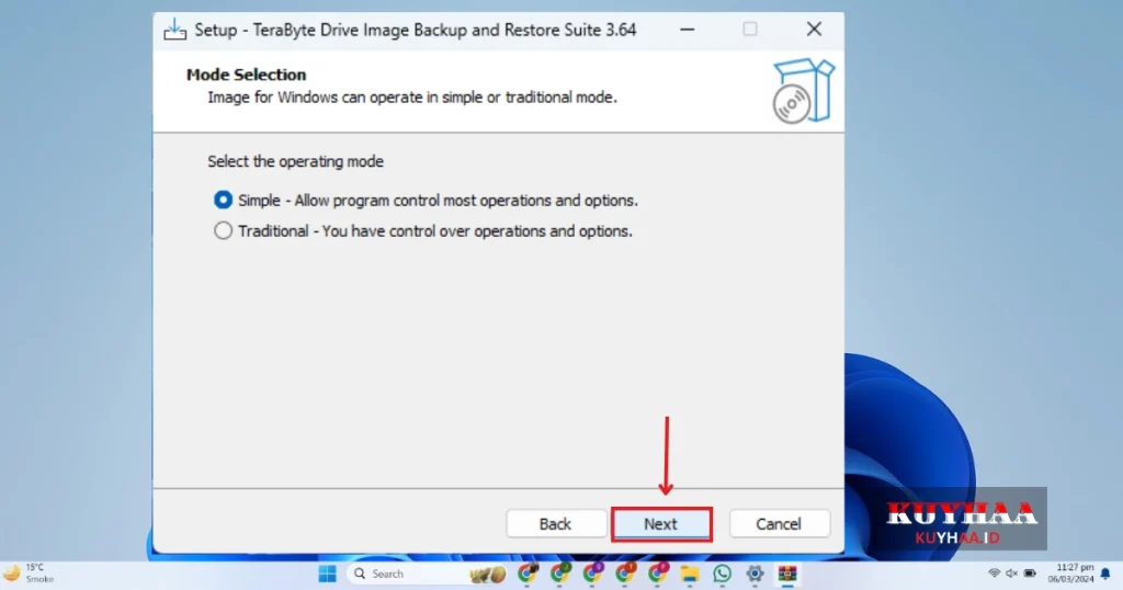 This picture shows to select operating mode of TeraByte Drive Image Backup & Restore Suite