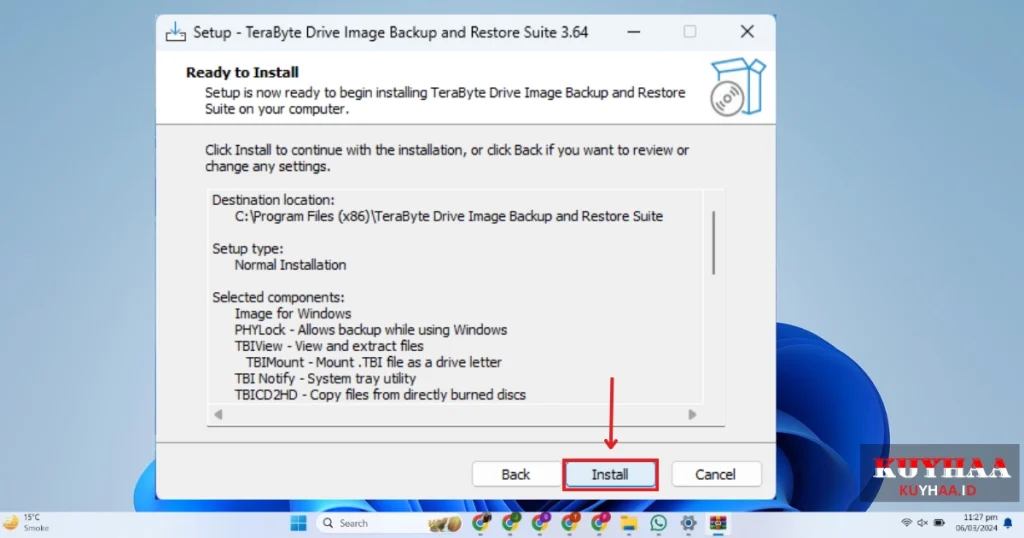 This picture shows to click Install of TeraByte Drive Image Backup & Restore Suite