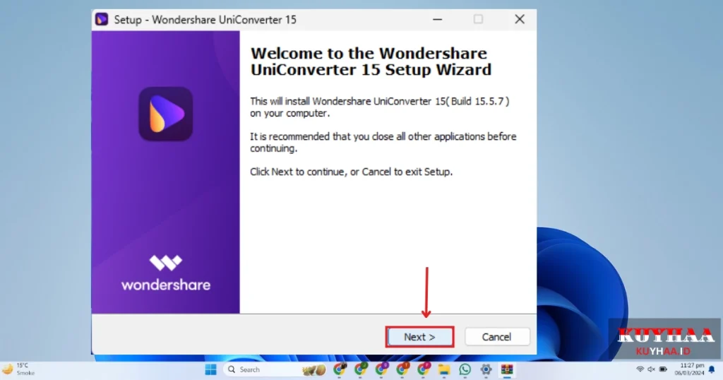 This picture shows the installation wizard of Wondershare UniConverter