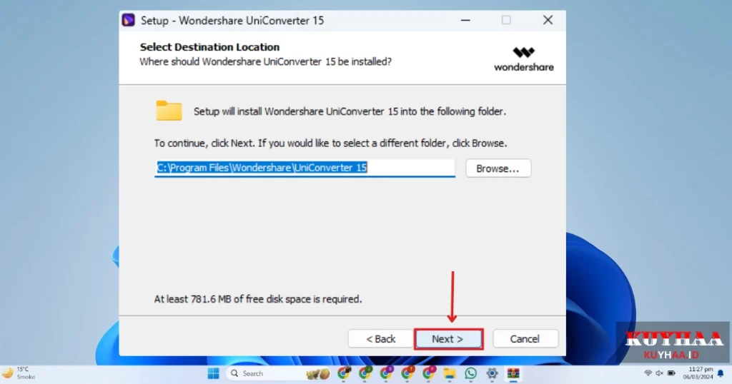 This picture shows to specify the folder for installation of Wondershare UniConverter