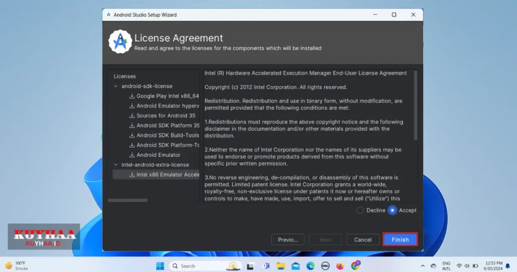 Accept License Agreement of Android Studio