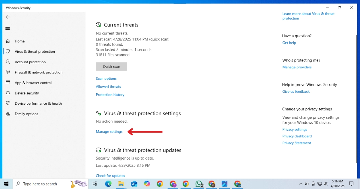 open the manage setting